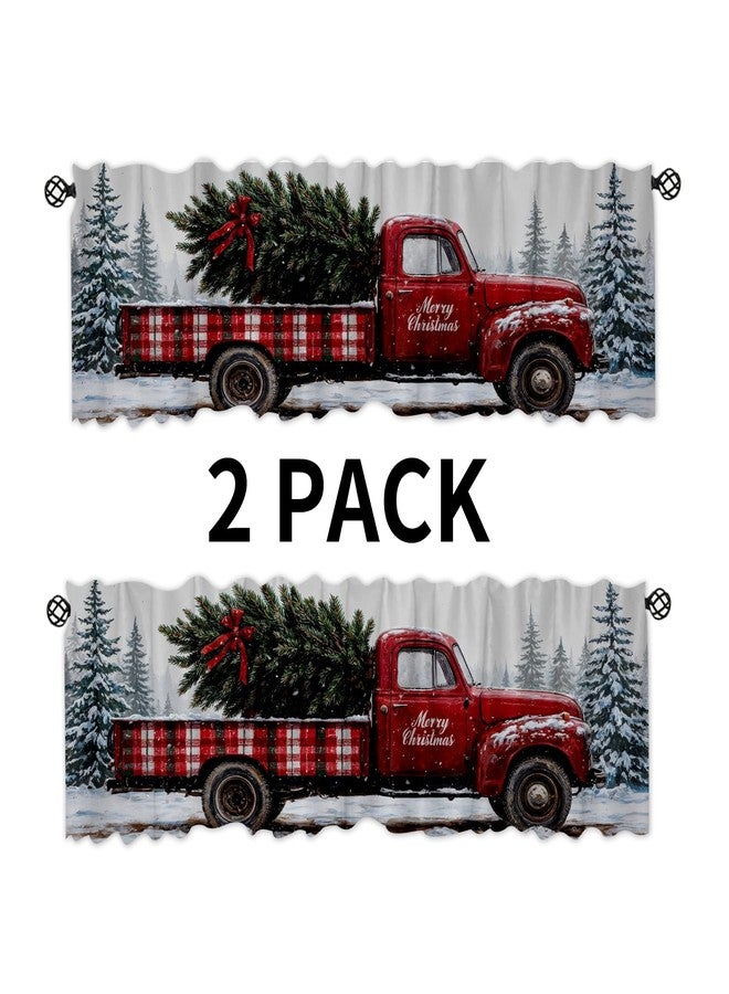 DOTOOMA 54x18 Inches 2 Panel Pine Tree Snowy Window Treatment Valance Christmas Red Truck Kitchen Blackout Drapes Bathroom Bedroom Living Room Polyester Fabric Curtains - Image 2